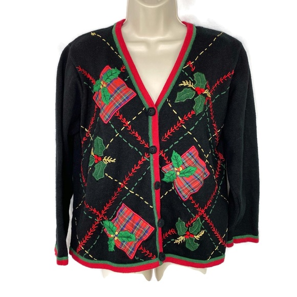 Basic Edition Vintage Holiday Cardigan Sweater Embroidered Mistletoe Medium - Picture 1 of 7